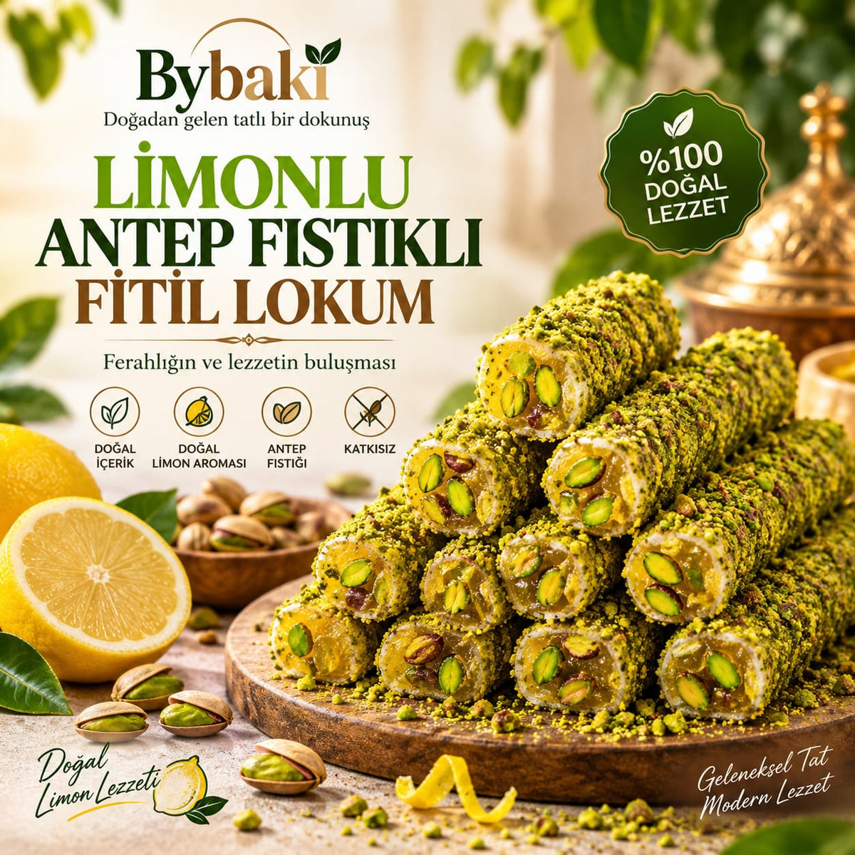 By Baki Antep Fıstıklı Fitil Lokum 1 KG – Geleneksel Türk Lokumu