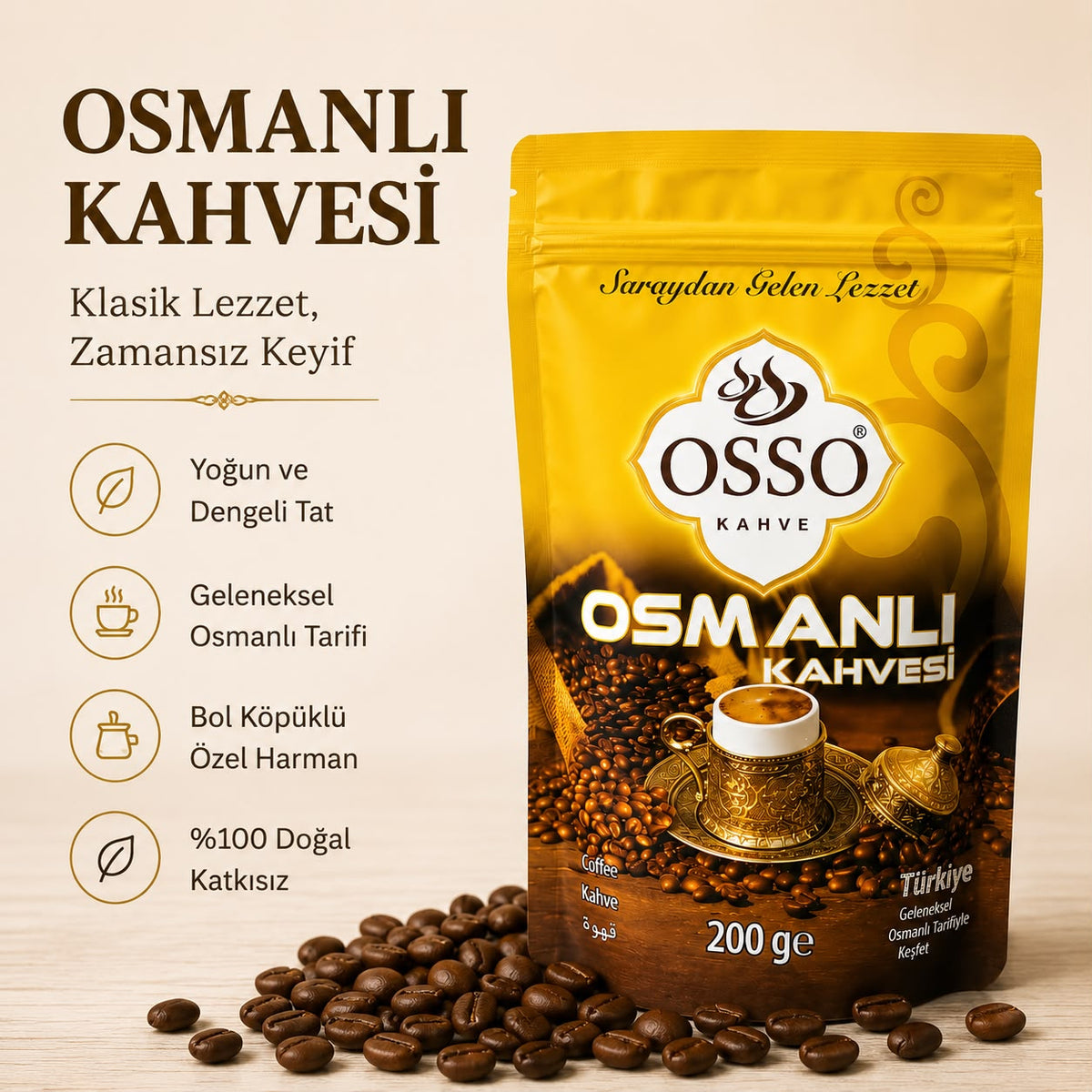 OSSO Osmanlı Kahvesi 200 g | Geleneksel Osmanlı Tarifi | İnce Öğütülmüş Premium Türk Kahvesi