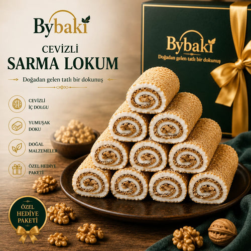 By Baki Cevizli Sarma Lokum – Bol Ceviz Dolgulu Geleneksel Fitil Lokum – Özel Hediye Kutulu  1 kg
