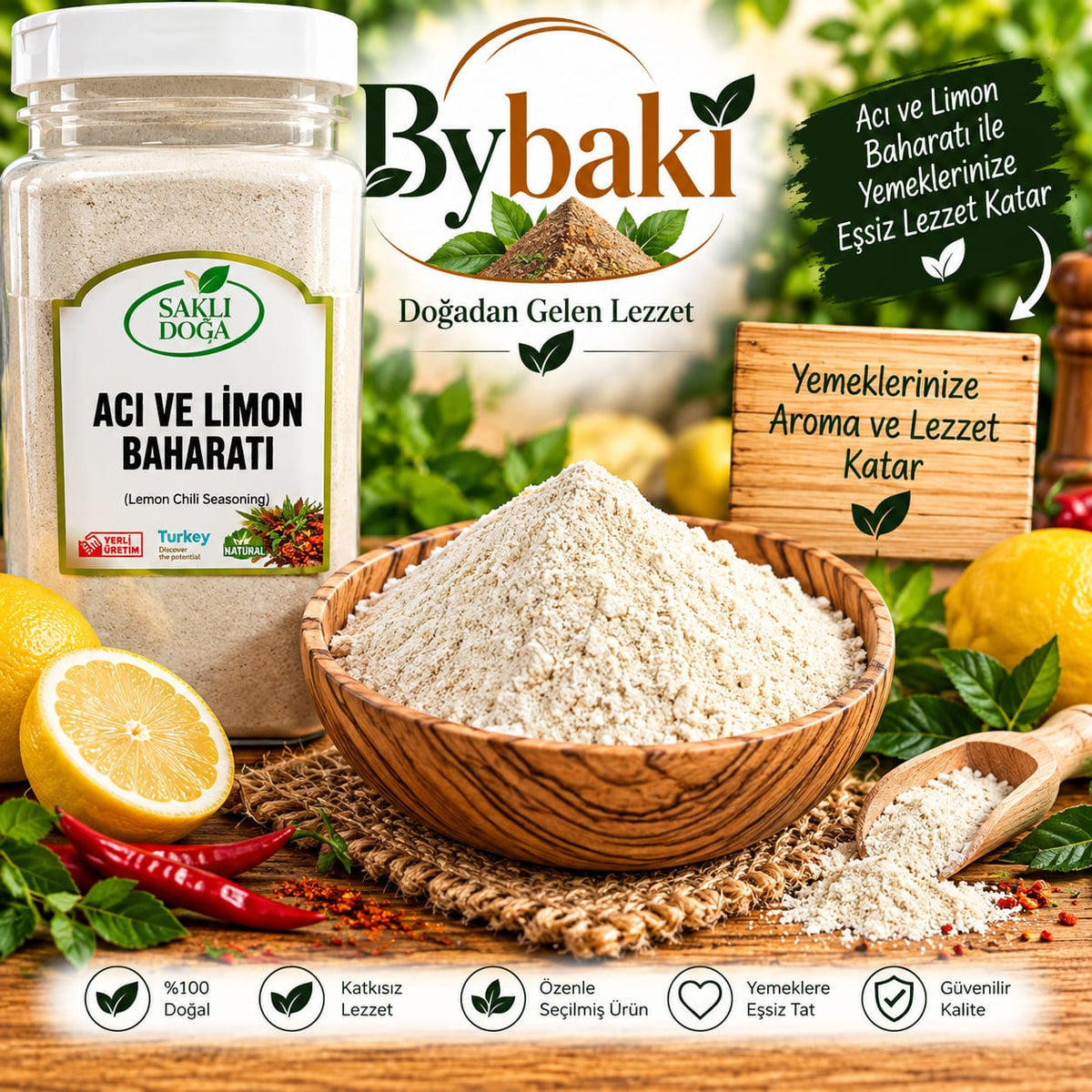 ByBaki Acı ve Limon Baharatı – Baharatlı Limon Aromalı Çeşni | Et, Tavuk, Balık, Patates ve sebze yemek 1 kg