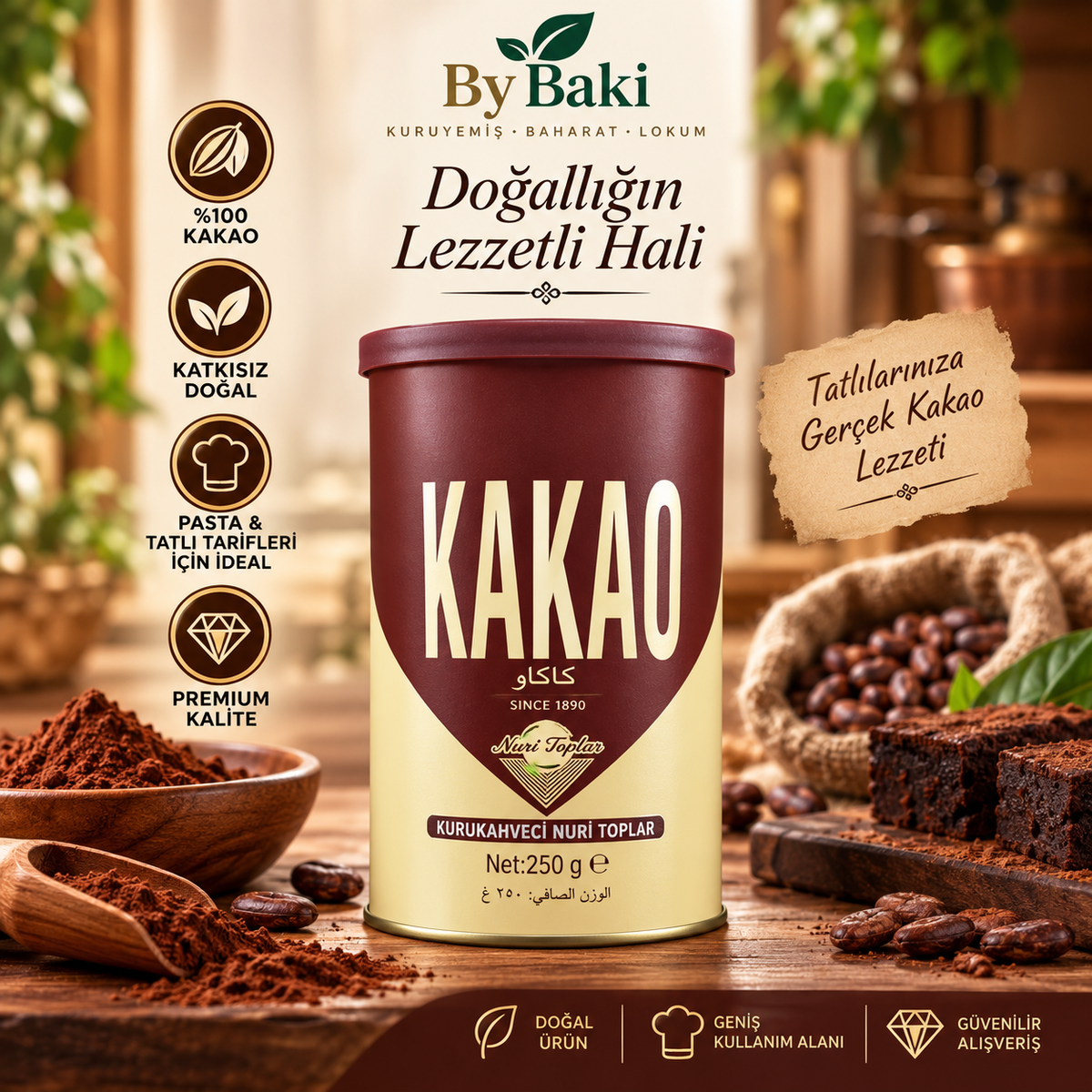 By Baki %100 Kakao Tozu 250 g – Katkısız Doğal Kakao | Pasta, Tatlı ve İçecekler İçin Premium Kakao